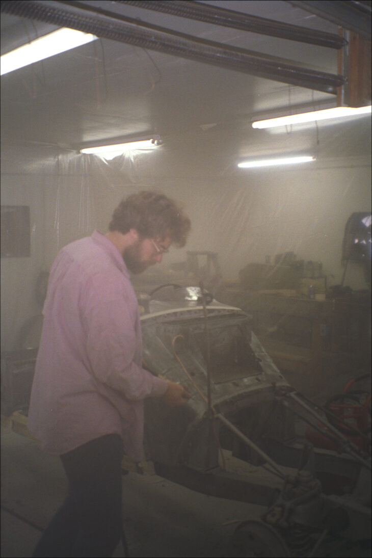 Bo, sand blasting the front of the frame